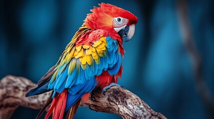 Fototapeta premium Vibrant Scarlet Macaw Perched on Branch Capturing Tropical Wildlife Essence : Generative AI