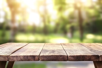 Fototapeta premium Rustic Wooden Table with Green Nature View Perfect for Background and Presentation : Generative AI