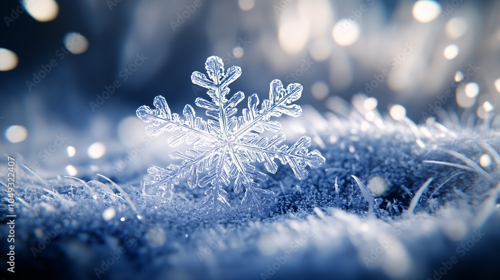 Poster delicate snowflake on frosted winter landscape under glowing light : generative ai