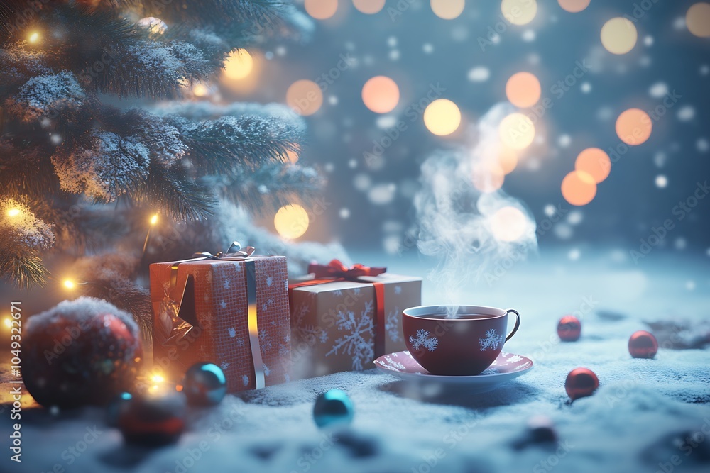 Poster magical christmas scene with steaming cup and bokeh lights under decorated tree : generative ai