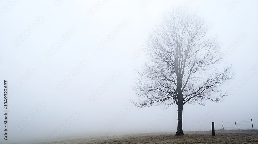 Poster bare tree in dense fog covering empty field in winter : generative ai