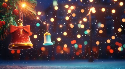 Fototapeta premium Festive Christmas Bells and Lights On a Snowy Night For Seasonal Holiday Themes : Generative AI