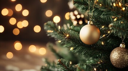Golden Christmas Ornaments on Pine Tree with Soft Bokeh Lights Background : Generative AI