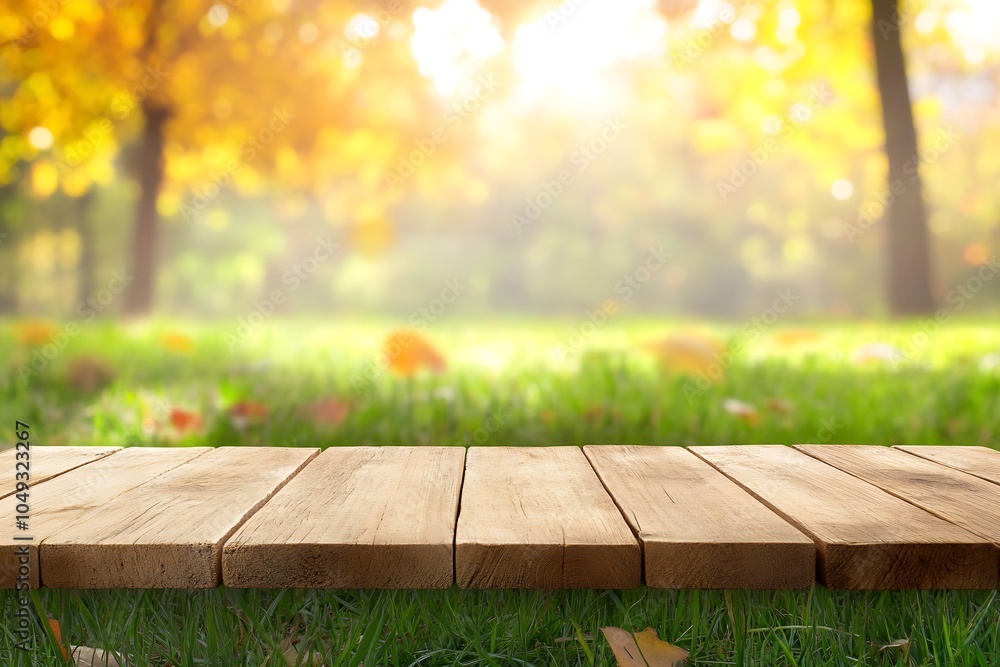 Poster sunlit wooden table in autumn park with fallen leaves portraying tranquility and nature : generative
