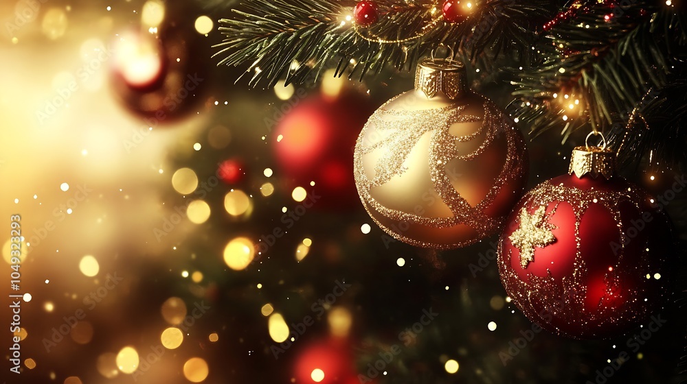 Poster glittering red and gold christmas ornaments with warm bokeh background : generative ai