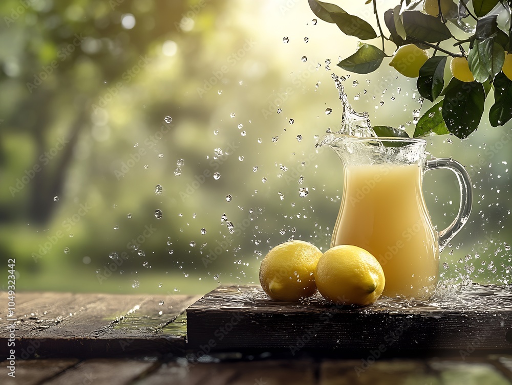 Poster splashing lemon juice on rustic table with sunlit greenery in background : generative ai