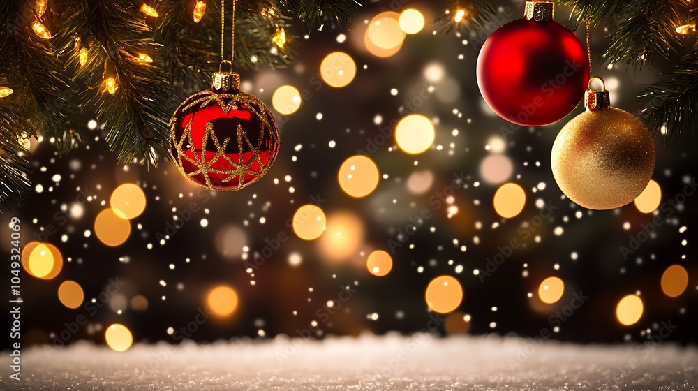 Poster christmas baubles hanging with snow and golden bokeh in winter wonderland setting : generative ai