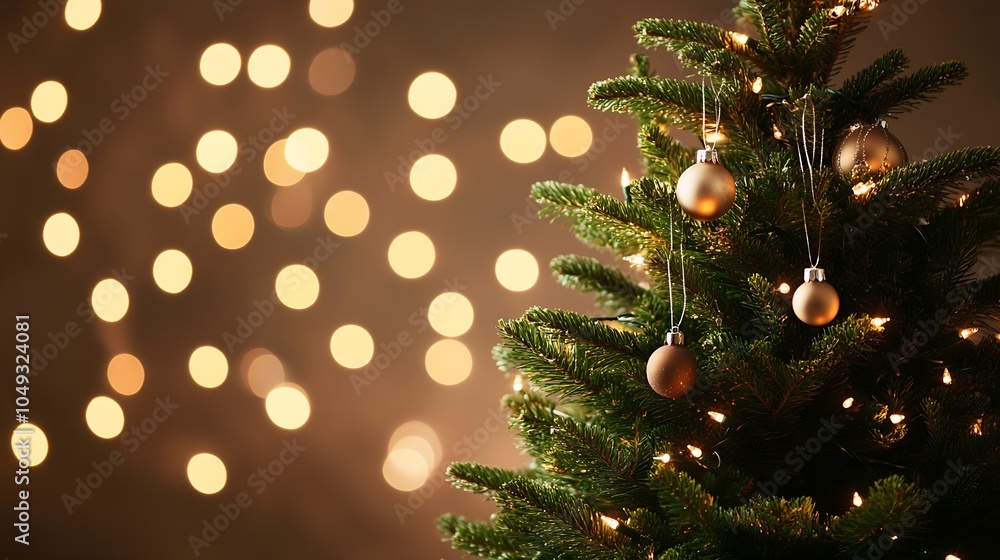 Poster Simple and Elegant Christmas Tree Adorned with Metallic Ornaments and Gentle Bokeh Lighting : Generative AI