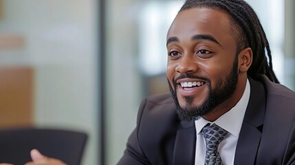 Smiling Manager Discusses Business Strategies in Meeting