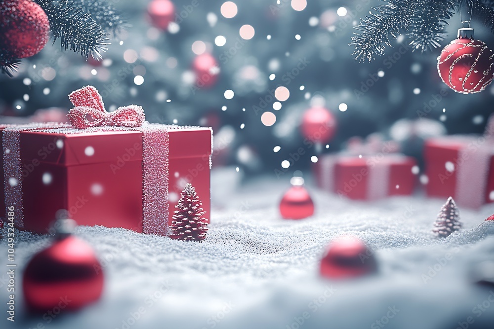 Poster festive christmas scene with red gift box and falling snow in winter wonderland setting : generative