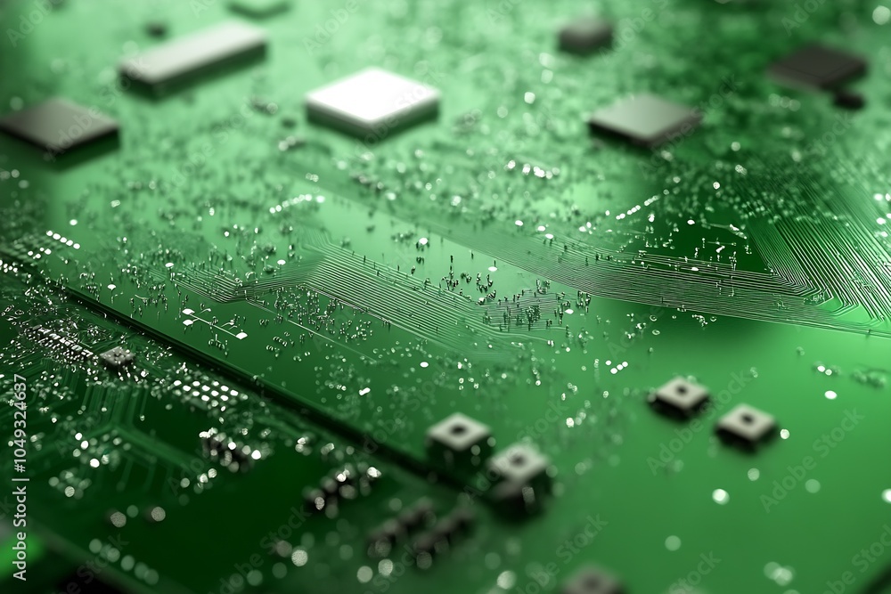 Aufkleber Green Circuit Board Closeup with Microchips and Electronic Components : Generative AI