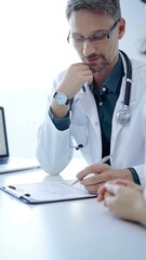 Doctor and a patient. The physician, wearing a white medical coat over a green shirt, gesturing...