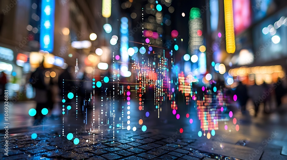 Poster abstract digital visualization with colorful lights in cyber metropolis : generative ai