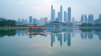 Scenic lake view modern cityscape reflection calm morning skyline architecture : Generative AI