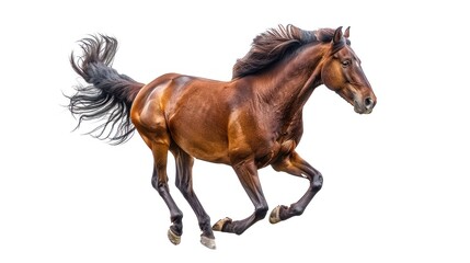A bay horse with a flowing mane and tail galloping against a white background.