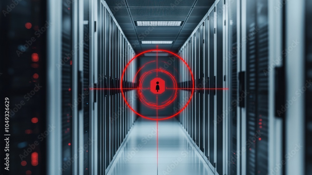 Poster a data center hallway with a red target symbolizing cybersecurity threats.