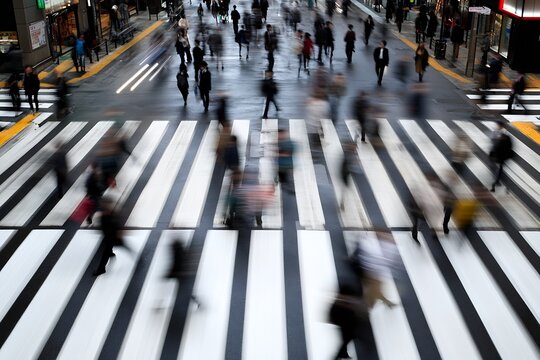Blurred pedestrians crossing at busy crosswalk in city center with motion blur effect : Generative AI