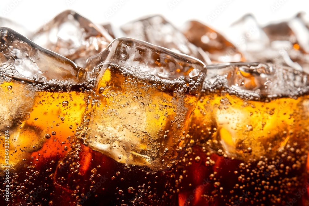 Poster closeup of fizzy cola bubbles and ice cubes forming a rich carbonated texture in macro : generative 