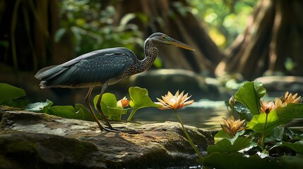 Naklejka premium Elegant grey heron standing on a rock surrounded by water lilies in lush forest : Generative AI