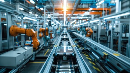 Fototapeta premium Automated Manufacturing Line with Robotic Arms and Conveyor Belt
