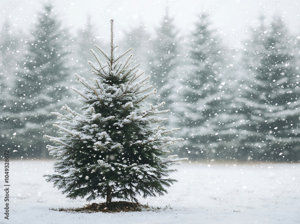 Poster snow covered evergreen trees in scenic winter landscape with falling snowflakes : generative ai