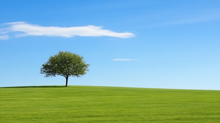 Obraz premium Isolated Tree on Lush Green Hill with Expansive Blue Sky and Fluffy Clouds : Generative AI