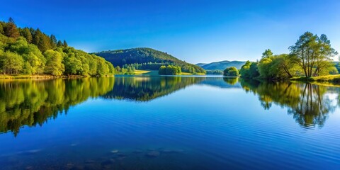 Fototapeta premium A tranquil lake scene with a light blue sky reflecting the surrounding trees and hills, forest, tree reflections, lakeside, woods
