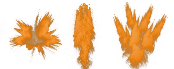 Set bundle orange reddish apricot tangerine color powder paint paint dust explosion PNG file white transparent background isolated. Celebration partying exploding paint mockup