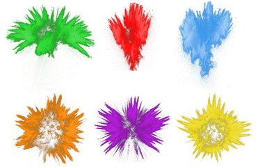 Set lgbtq rainbow crimson green blue orange yellow color powder dust paint explosion PNG transparent background isolated. Celebration, colorful festival, anniversary