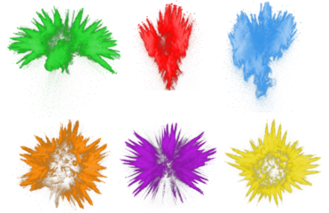 Set lgbtq rainbow crimson green blue orange yellow color powder dust paint explosion PNG transparent background isolated. Celebration, colorful festival, anniversary