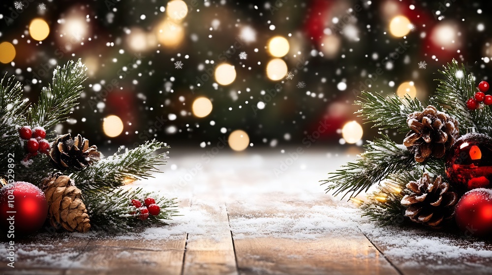 Poster festive christmas background with pinecones and red ornaments on snowy wooden surface bokeh lighting