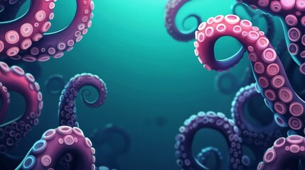 Many purple octopus tentacles emerging from dark water surface