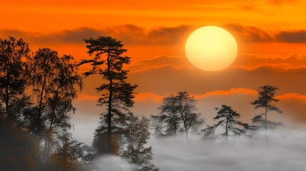 Fototapeta premium Vibrant Sunset Over Misty Forest with Silhouetted Trees and Majestic Orange Sky : Generative AI