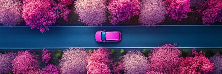Aerial view of vibrant pink car driving on asphalt road through stunning cherry blossom trees in full bloom, creating a mesmerizing contrast of colors and textures.