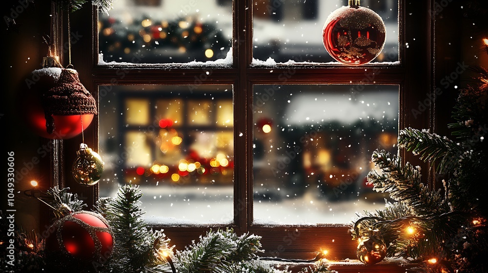 Poster warm christmas glow through window with snowy scenery and holiday ornaments : generative ai
