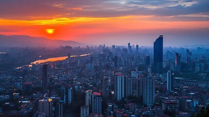 Fototapeta premium Breathtaking Urban Sunset Over Expansive City Skyline with Vibrant Colors and Skyscrapers : Generative AI