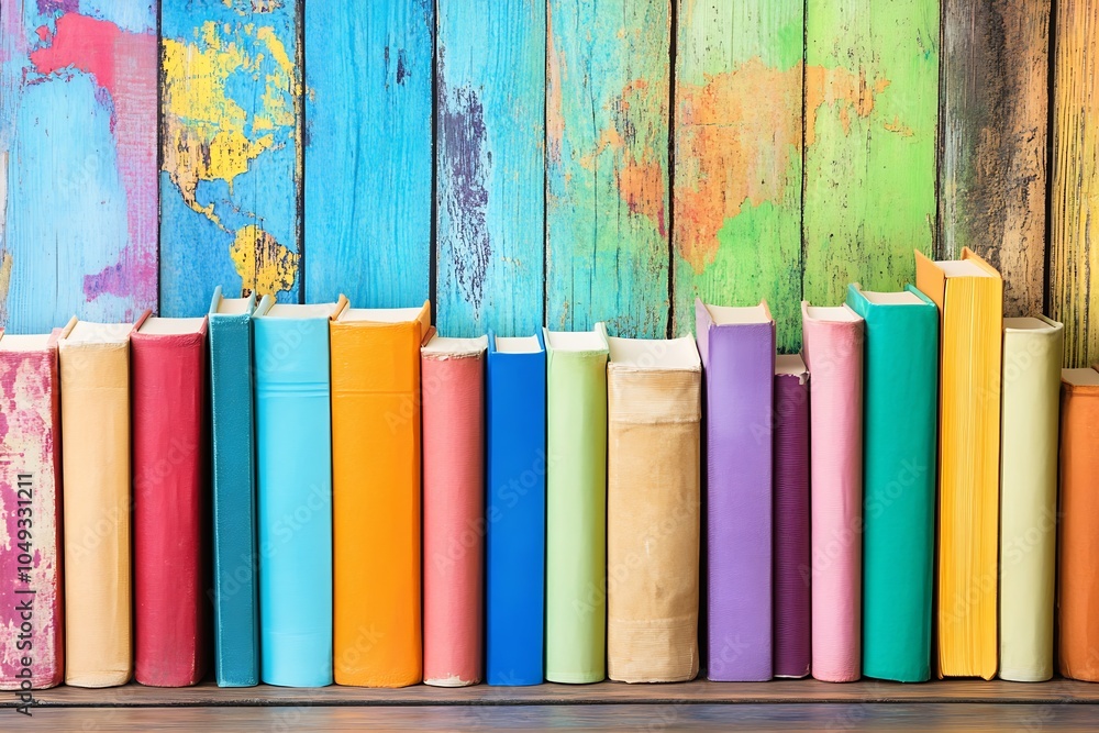 Poster vibrant row of colorful books against rustic wooden background for creative learning and decoration 