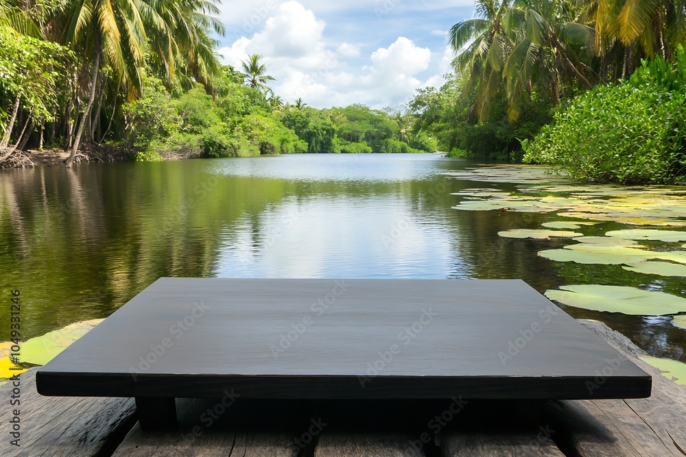 Aufkleber Tropical River View with Empty Wooden Table Platform Display : Generative AI