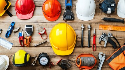Assorted safety gear and work tools on a wooden background : Generative AI