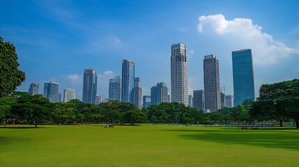 Obraz premium Skyline of modern skyscrapers with lush green park under blue skies ideal for urban development themes : Generative AI