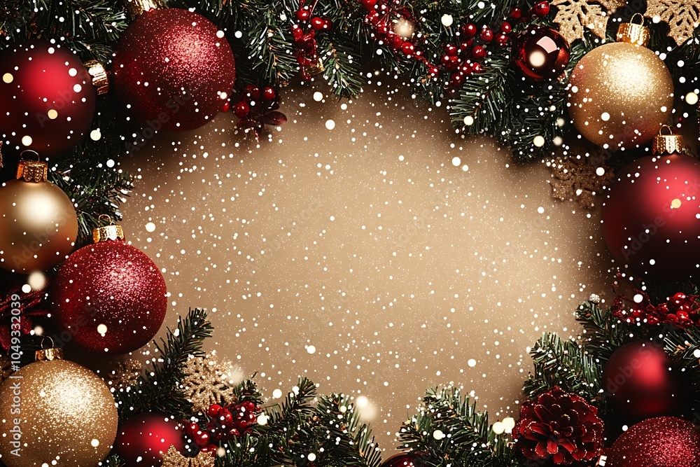Poster Festive Wreath with Gold and Red Ornaments on Sparkling Gold Background with Snowflakes : Generative AI