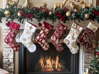 Festive holiday fireplace mantle featuring six meticulously detailed Christmas stockings and lush seasonal decor : Generative AI