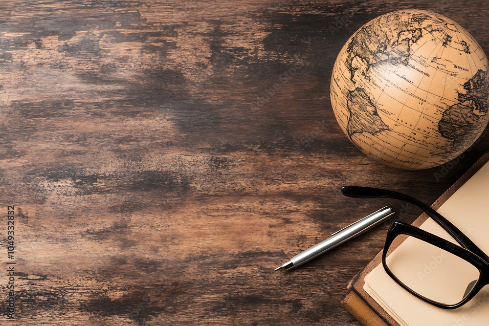 Aufkleber rustic academic workspace with vintage globe pen and books on wooden desk : generative ai