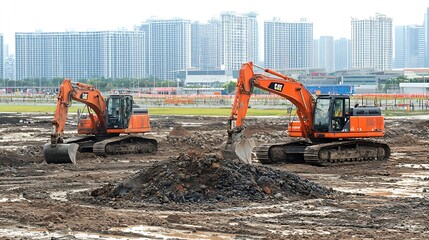 Two orange excavators on wet construction site with city skyline in the background : Generative AI