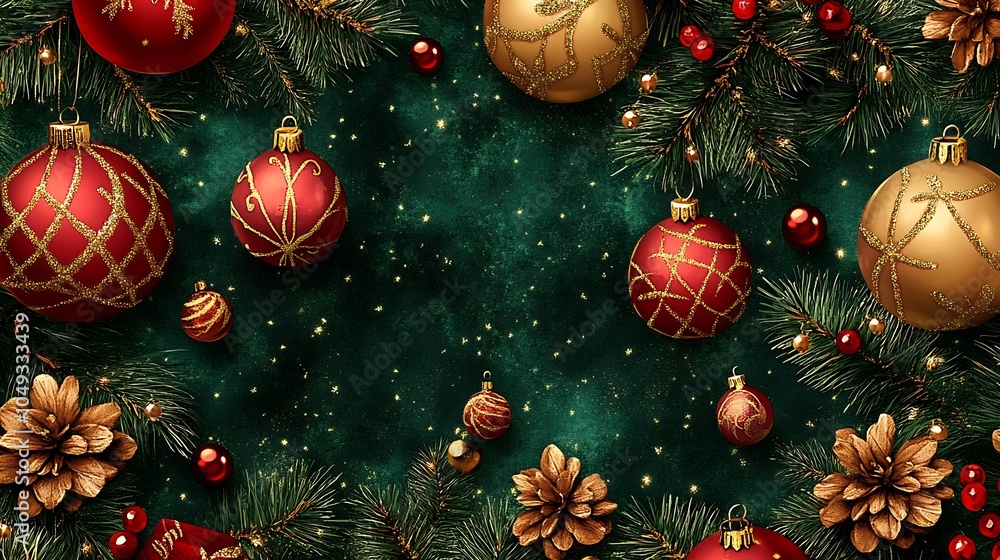 Poster Festive Christmas Border with Elegant Ornaments on a Textured Green Background : Generative AI