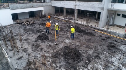 HighAngle View of Construction Workers in Safety Gear Preparing Foundation Slab on Site : Generative AI