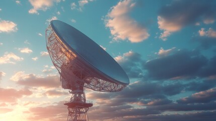 Obraz premium Large satellite dish observing the sky at sunset for space exploration