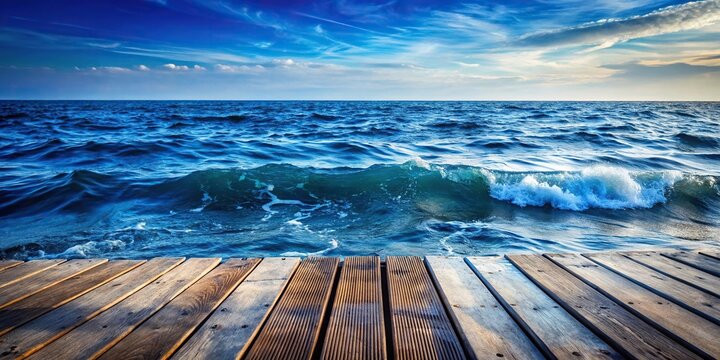 Navy blue ocean waves gently lapping against a weathered wooden dock, rope, sailing, blue, tide