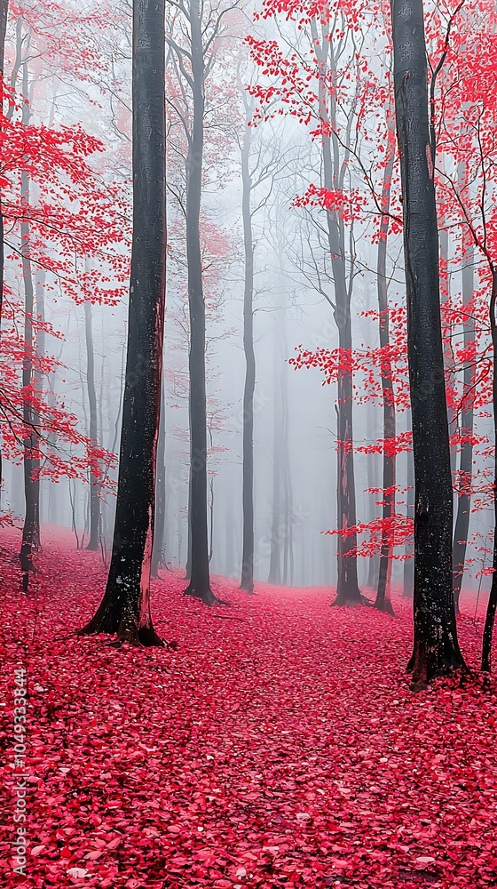Poster ethereal misty forest pathway adorned with vibrant red leaves : generative ai