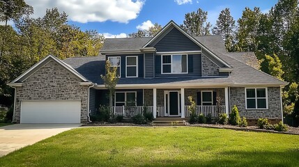 Obraz premium Newly Built Elegant House in the Suburbs with Spacious Lawn and Garage : Generative AI